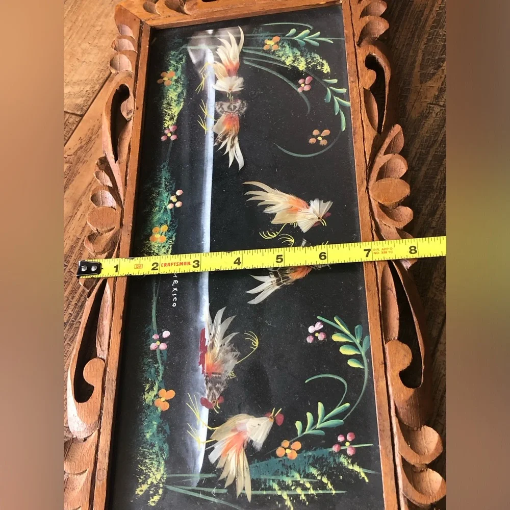 Vtg 1930s Mexican Feather Art Roosters Chickens Folk Art Framed 16x8”